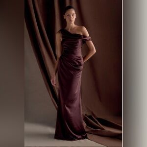 Meshki Small Off Shoulder Satin Maxi Dress Dark Chocolate